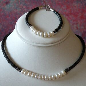 IWI Cultured Pearls 925 Silver & Black Leather Cord Necklace & Bracelet